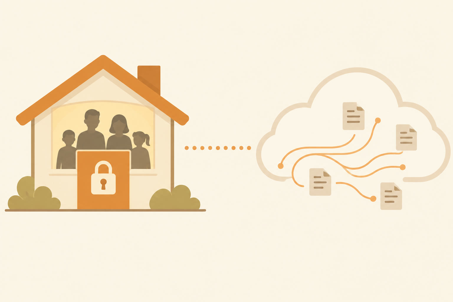 Simple illustration of a house with a locked front door on one side and a cloud with data lines on the other, showing the difference between household privacy and data privacy for AI chats
