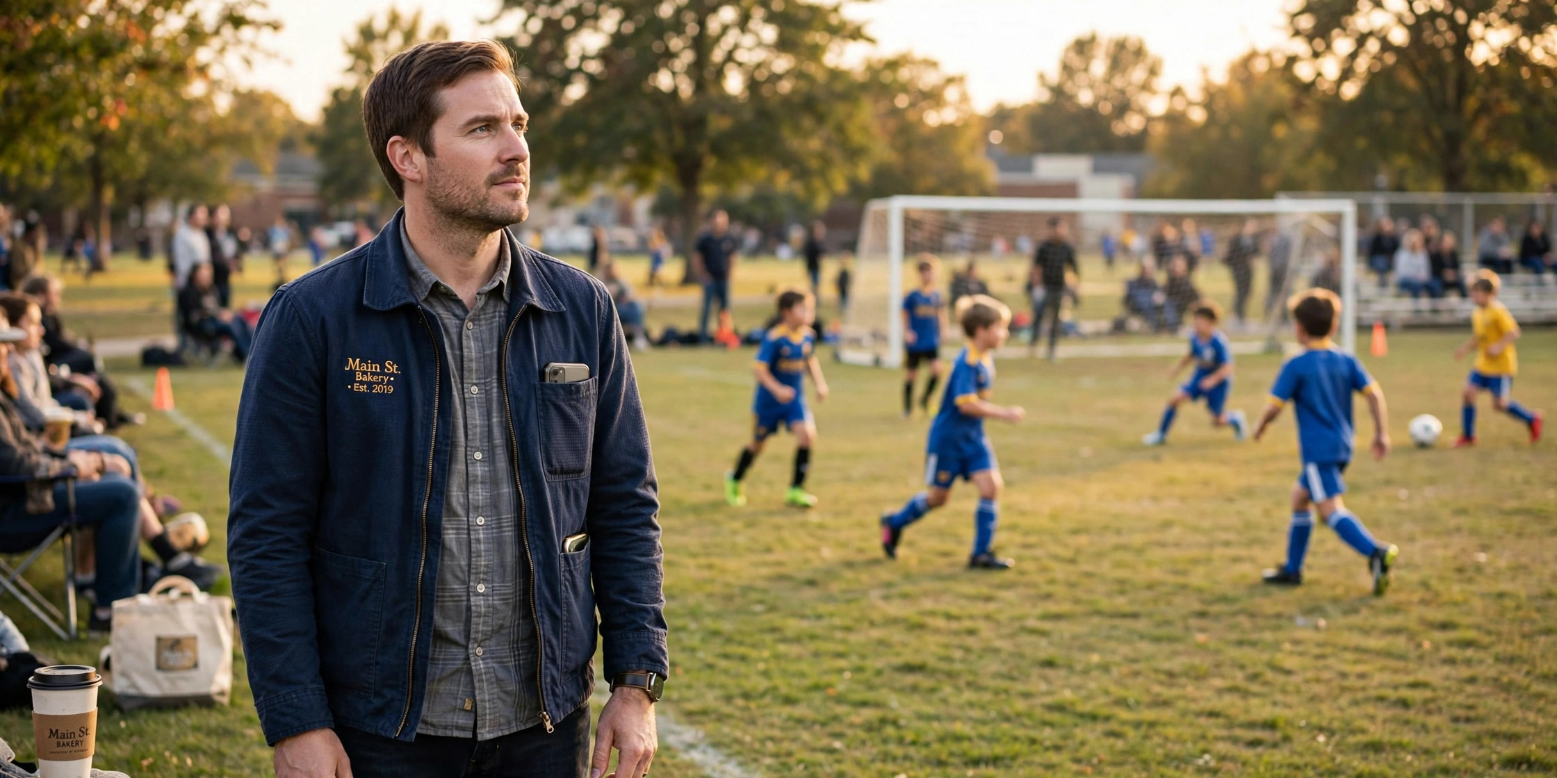 Small business owner present at child's soccer game with AI phone agent handling business calls.