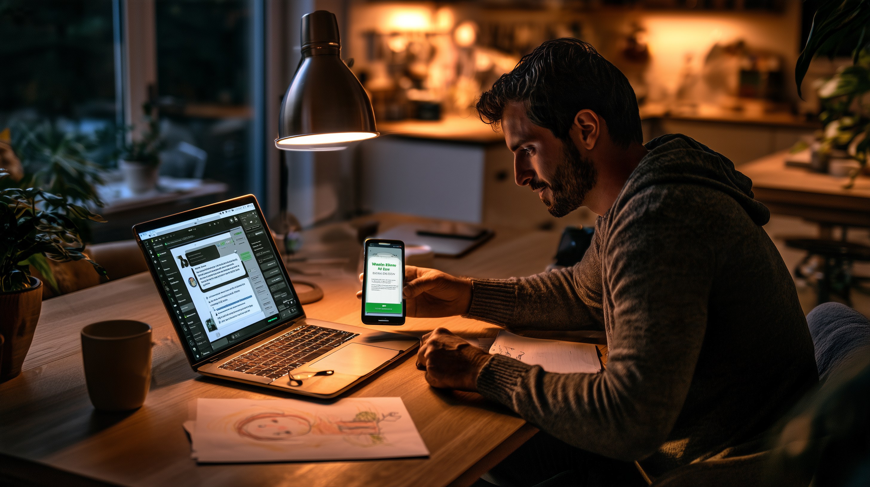 Parent at a kitchen table building a simple family app with AI on a laptop while an Android phone shows a weekly dinner plan