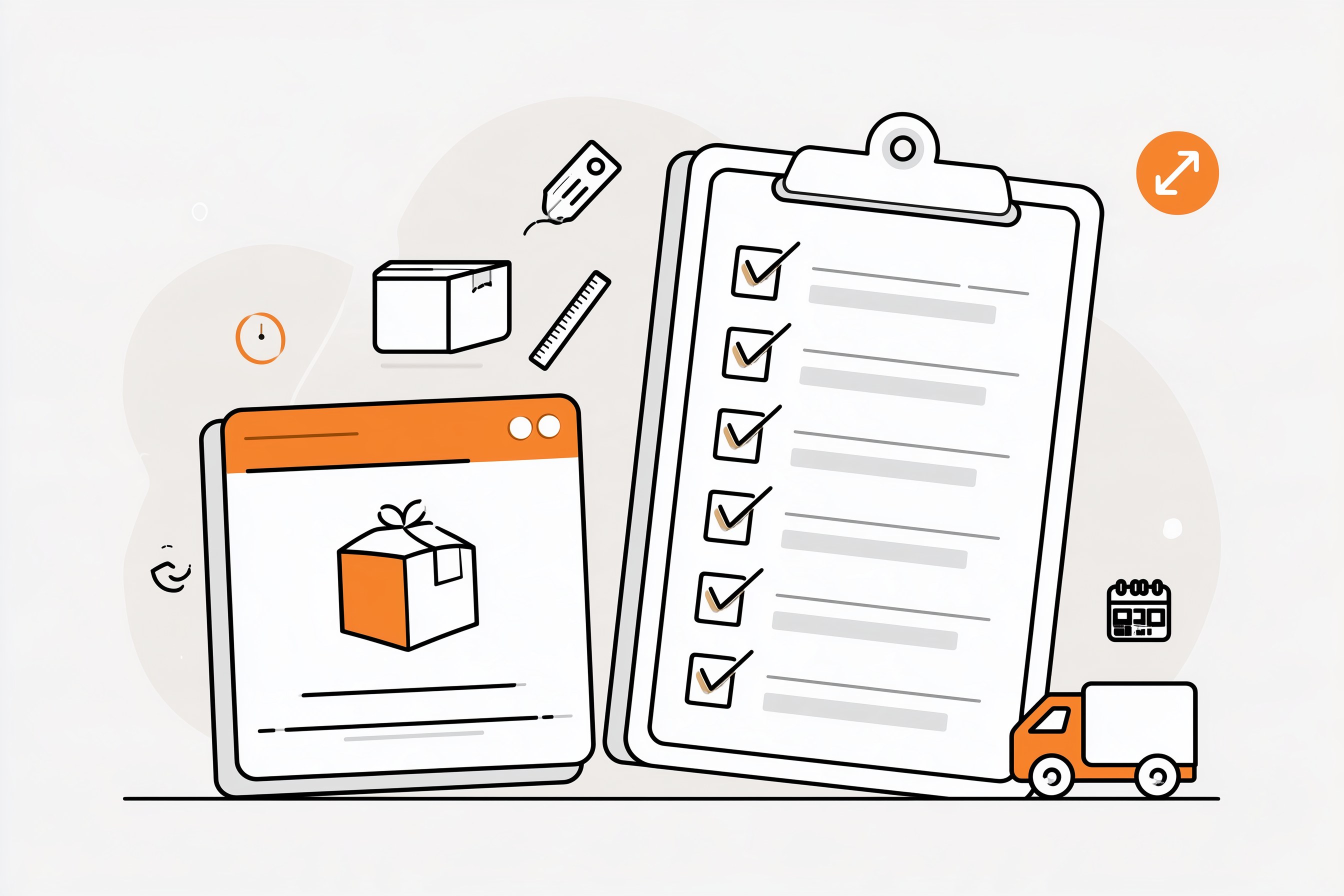 Simple checklist graphic showing the six facts an AI shopping agent looks for on a product page: price, stock, size, shipping, arrival date, and returns