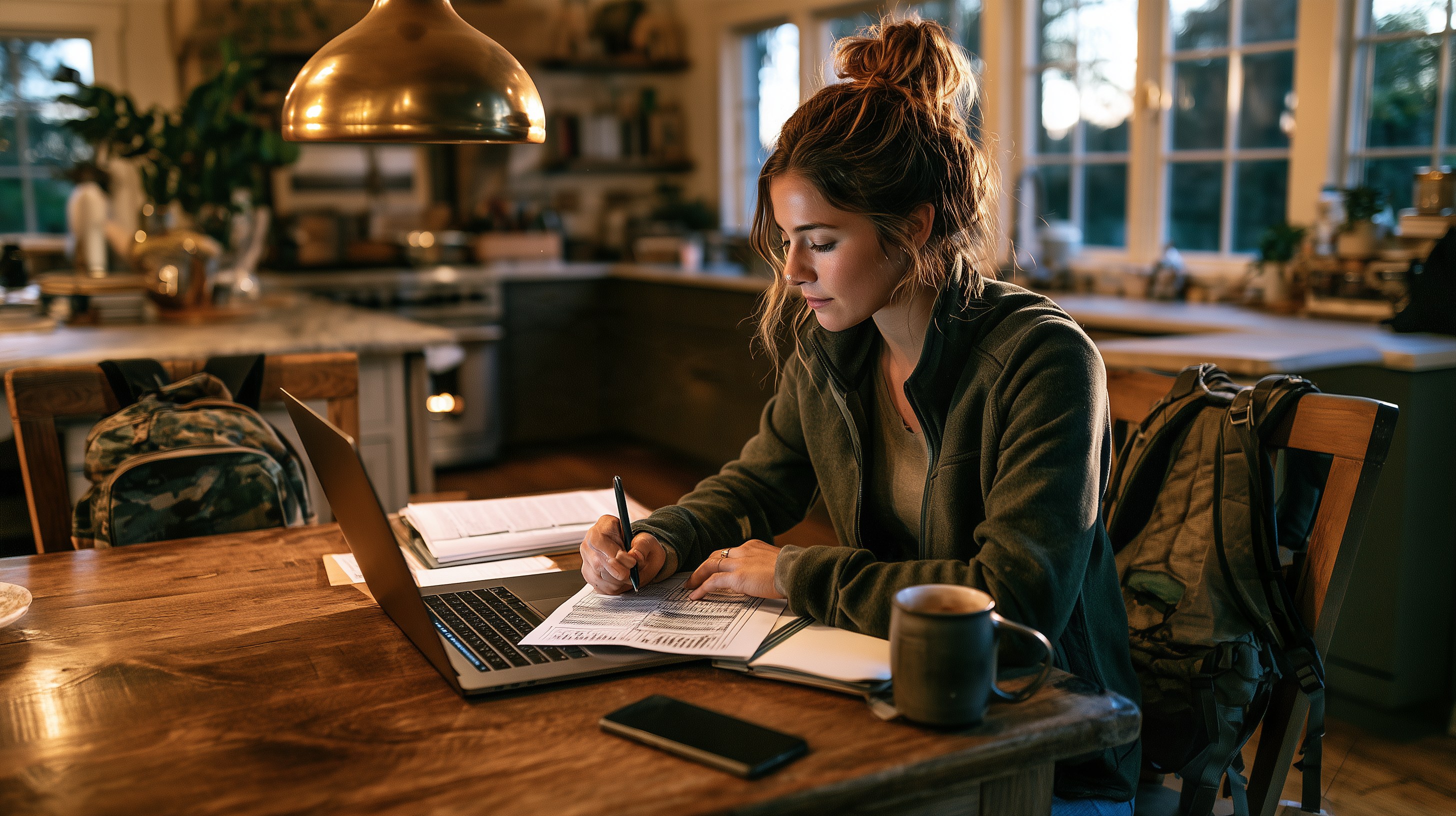 Small business owner at a kitchen table reviewing a simple weekly spreadsheet of customer calls on a laptop, phone face down beside it