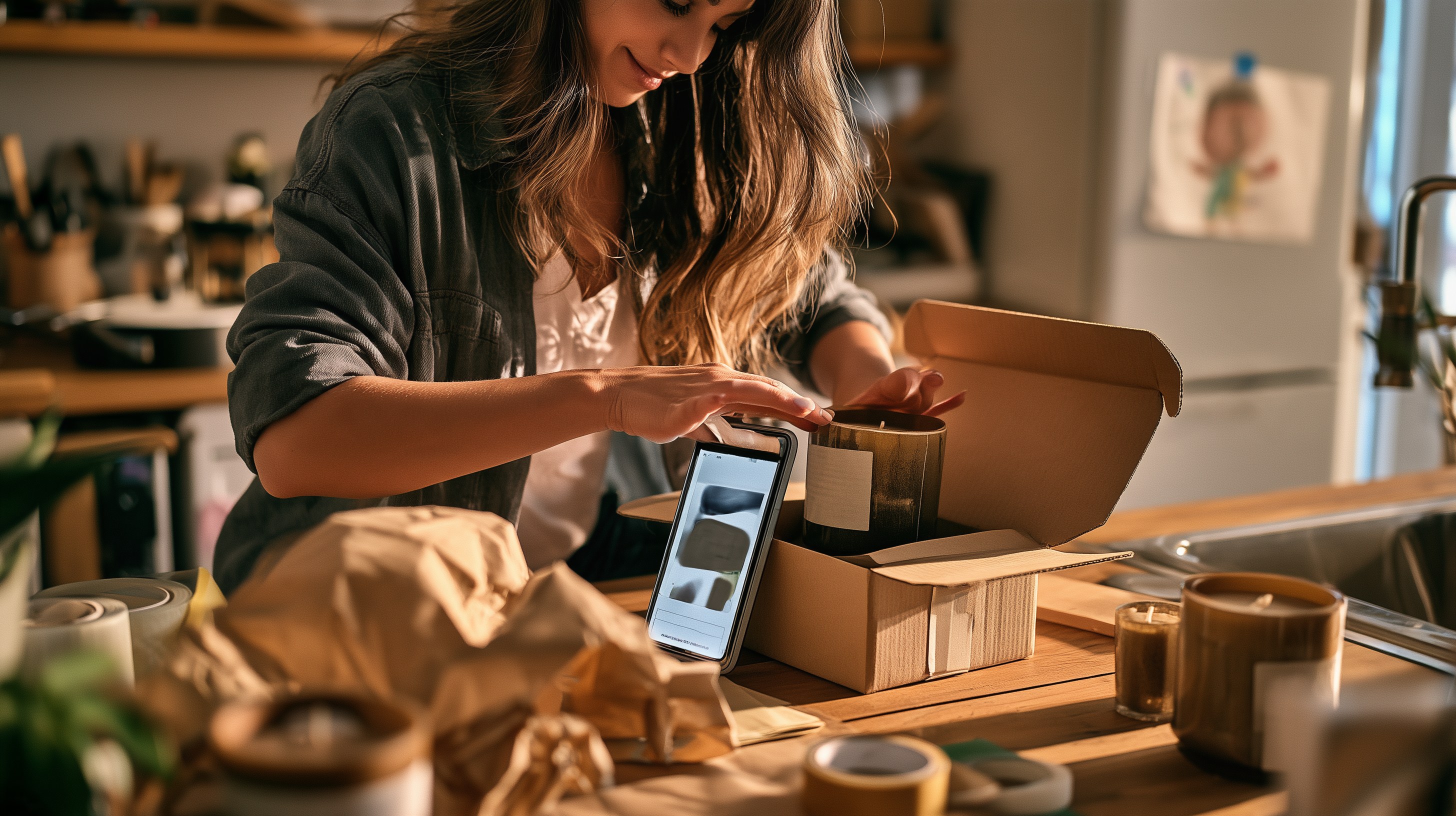 Small business owner packing a candle order at a kitchen table while a phone shows an AI shopping cart, illustrating AI shopping agents for small business