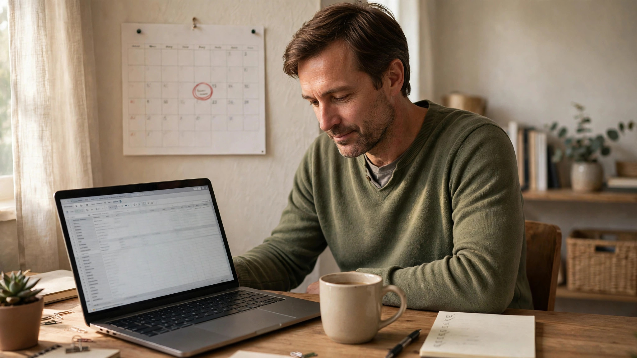 Small business owner at a desk reviewing a simple spreadsheet list of AI tools ahead of the GPT-4o API shutdown, with a wall calendar marked for January