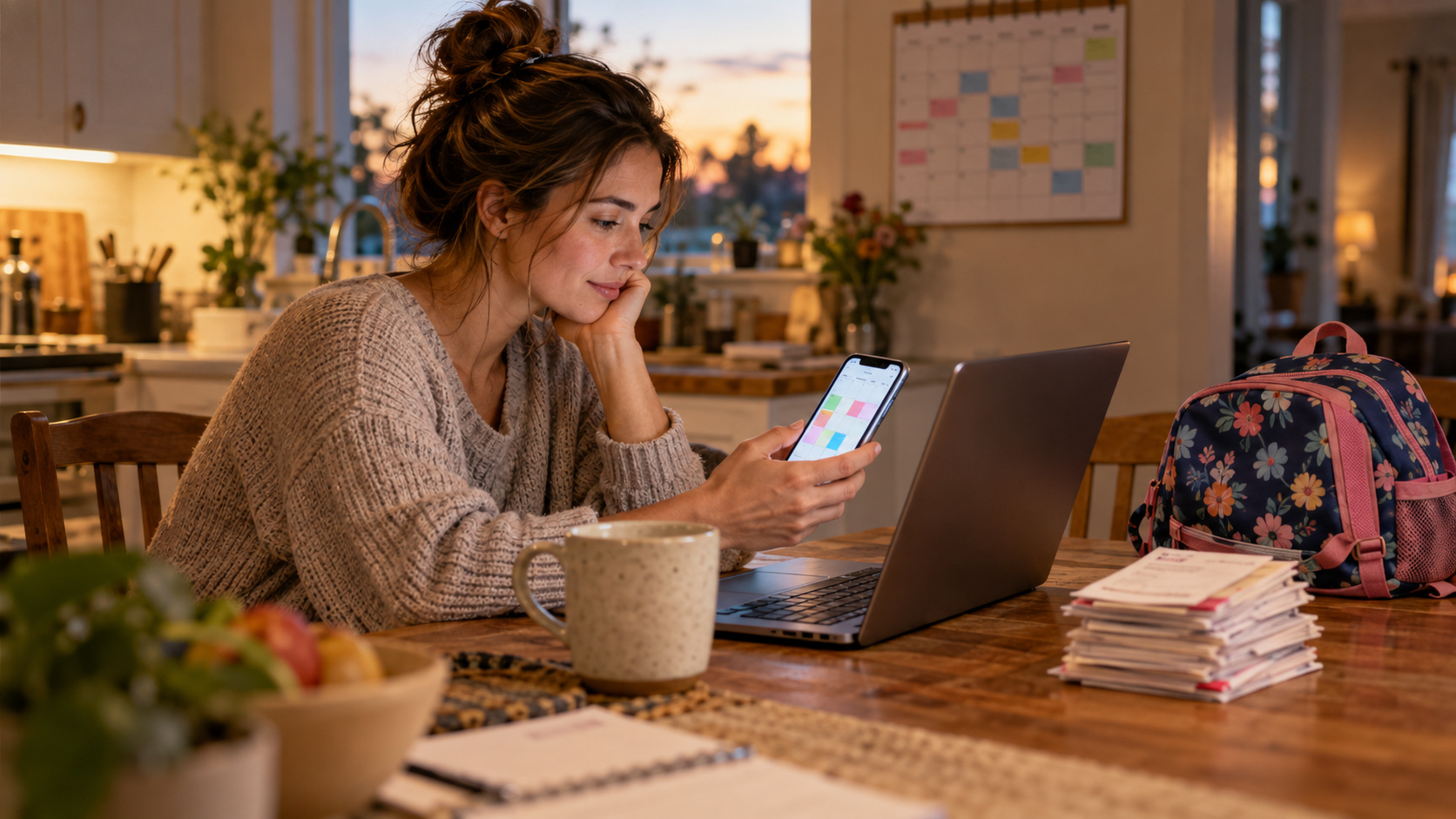 Parent entrepreneur at a kitchen table checking a shared family and business calendar on an iPhone before connecting ChatGPT to iCloud Mail and Calendar