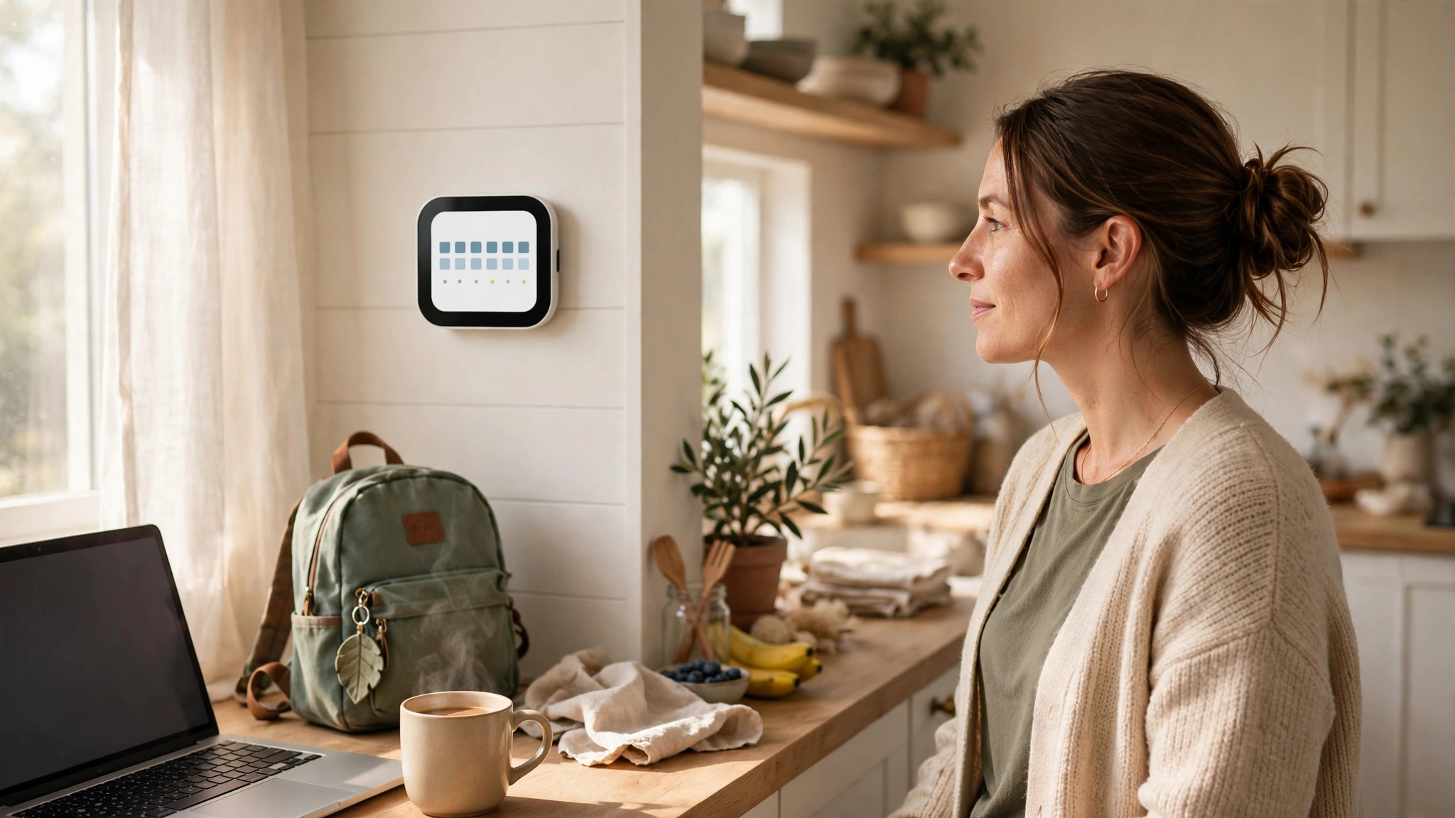 Busy parent in a home kitchen checking a family calendar on a small wall-mounted smart display while a laptop sits open on the counter