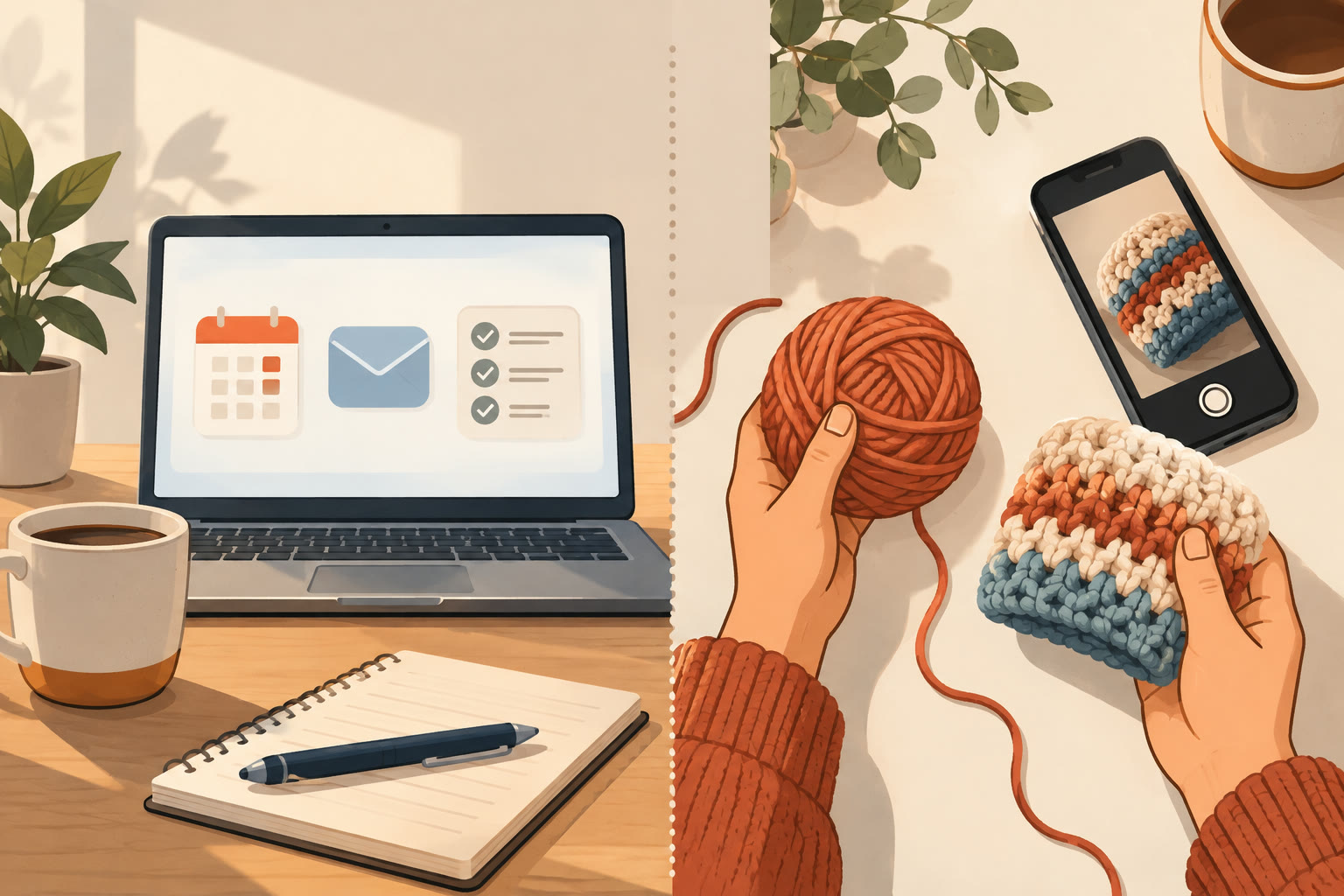 Simple illustration split down the middle, a laptop with planning and inbox icons on one side and a pair of hands holding yarn and a finished item on the other, showing where AI helps an Etsy shop and where the seller's own work is required