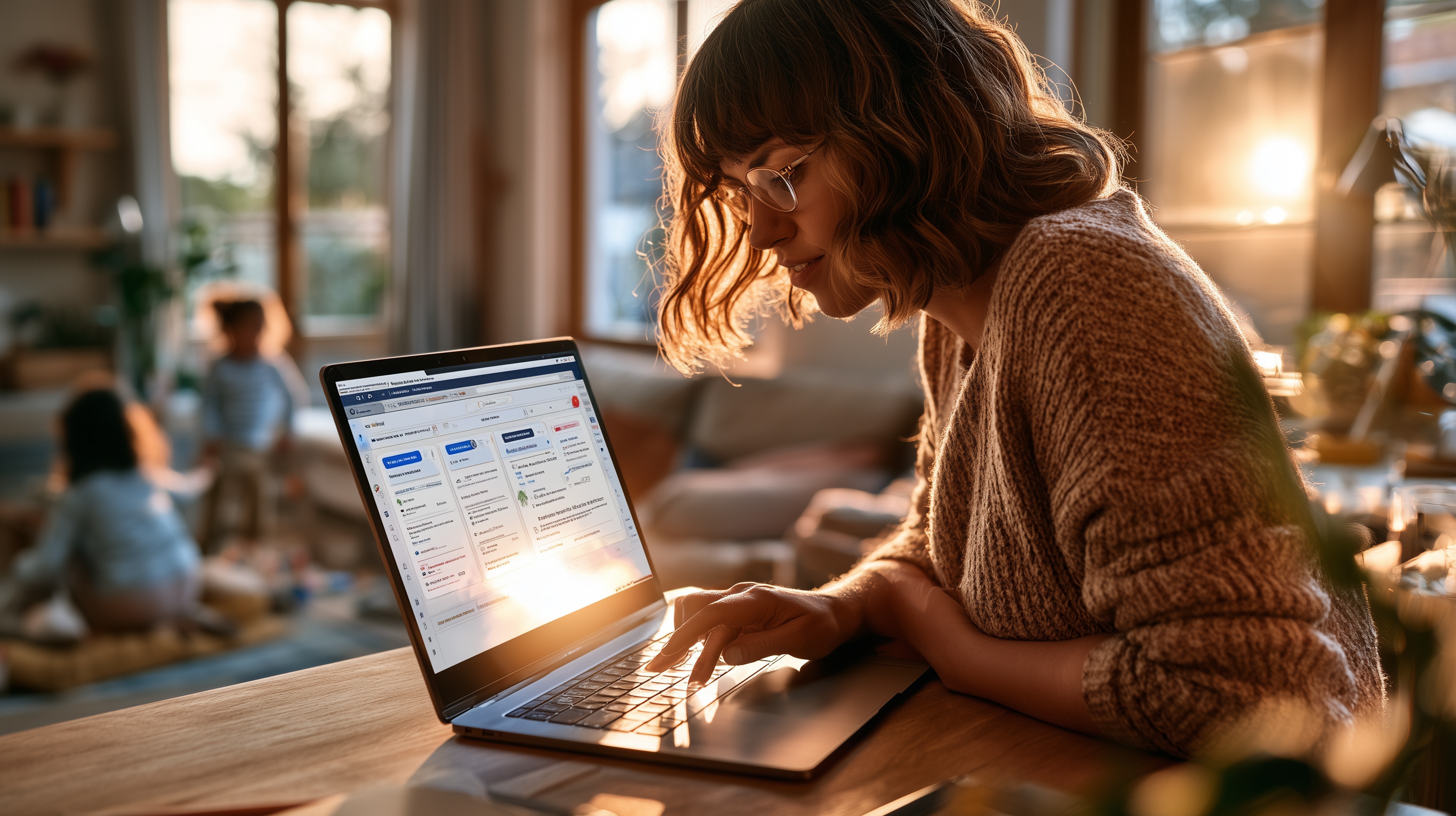 Parent entrepreneur at laptop with AI agent dashboard, family activity visible in background