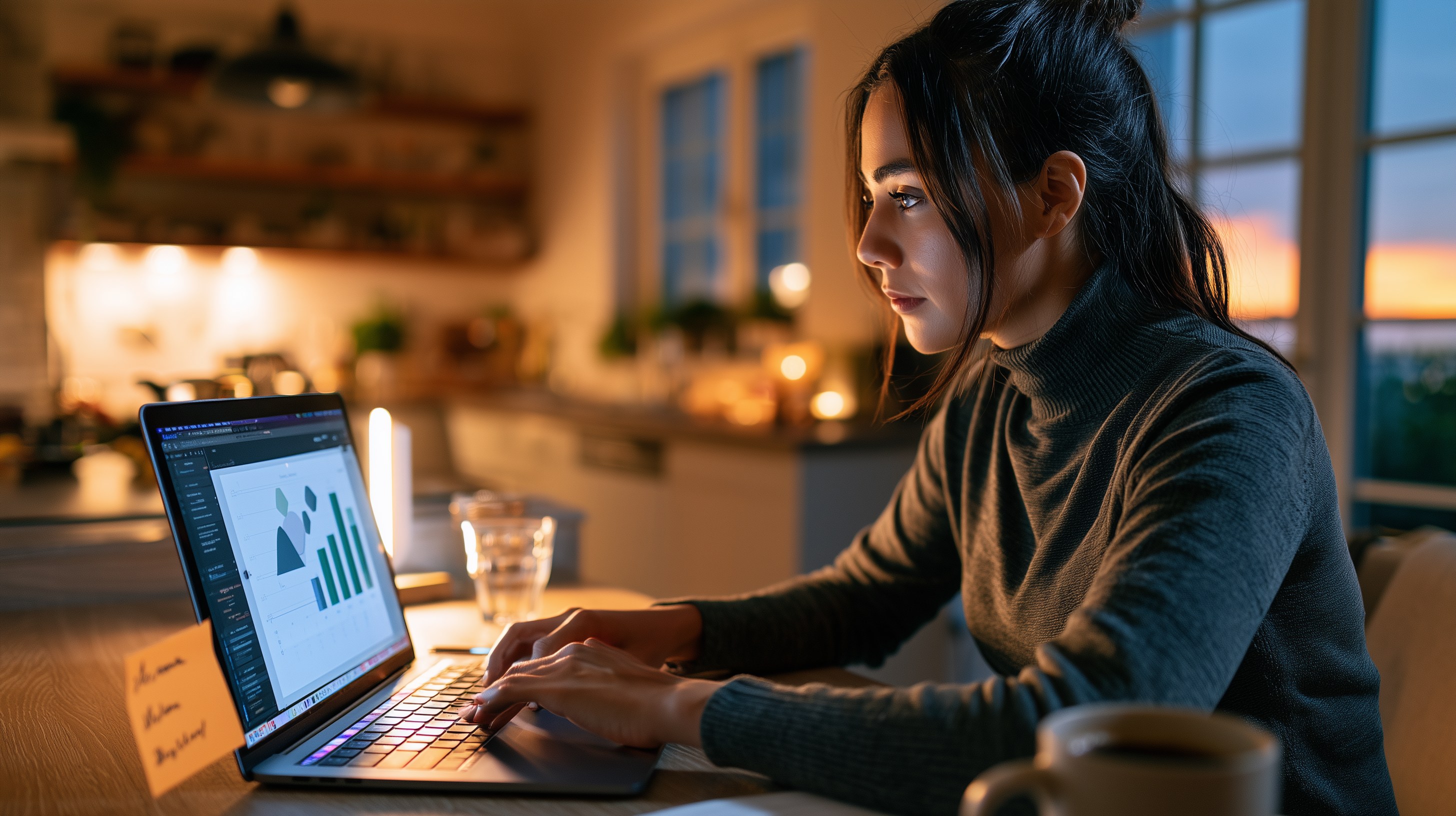 Small business owner at a home office desk reviewing a ChatGPT Slides pitch deck on a laptop with handwritten story notes beside it