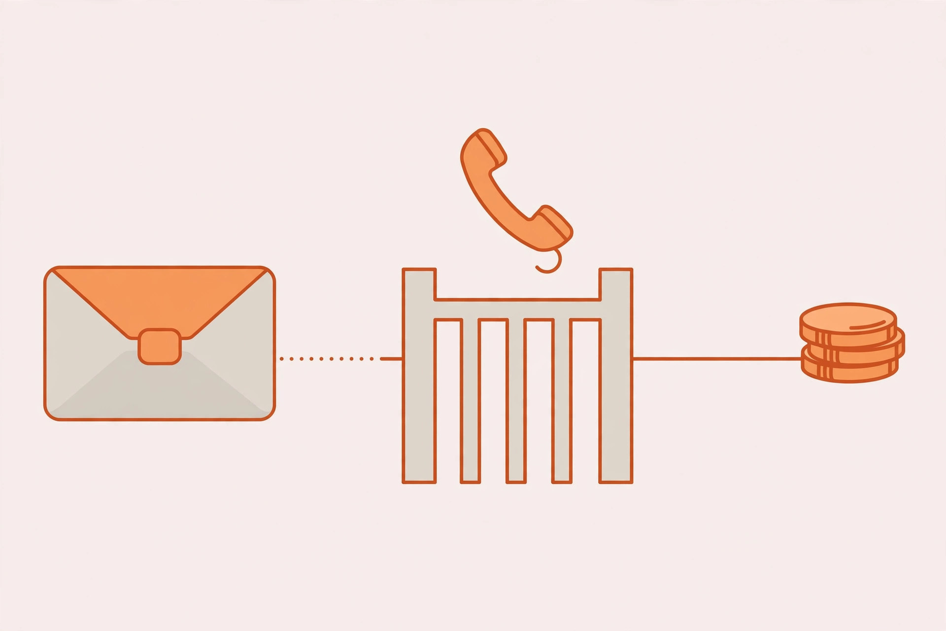 Simple graphic showing a payment request message passing through a second verification check by phone before money moves, the Two-Channel Rule for small business scam protection