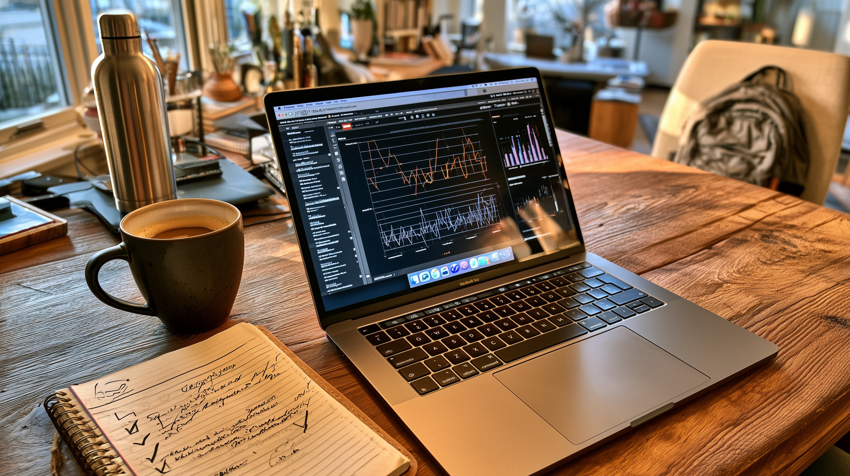 Small business owner at a home office desk comparing website traffic charts on a laptop, illustrating how to track AI search traffic