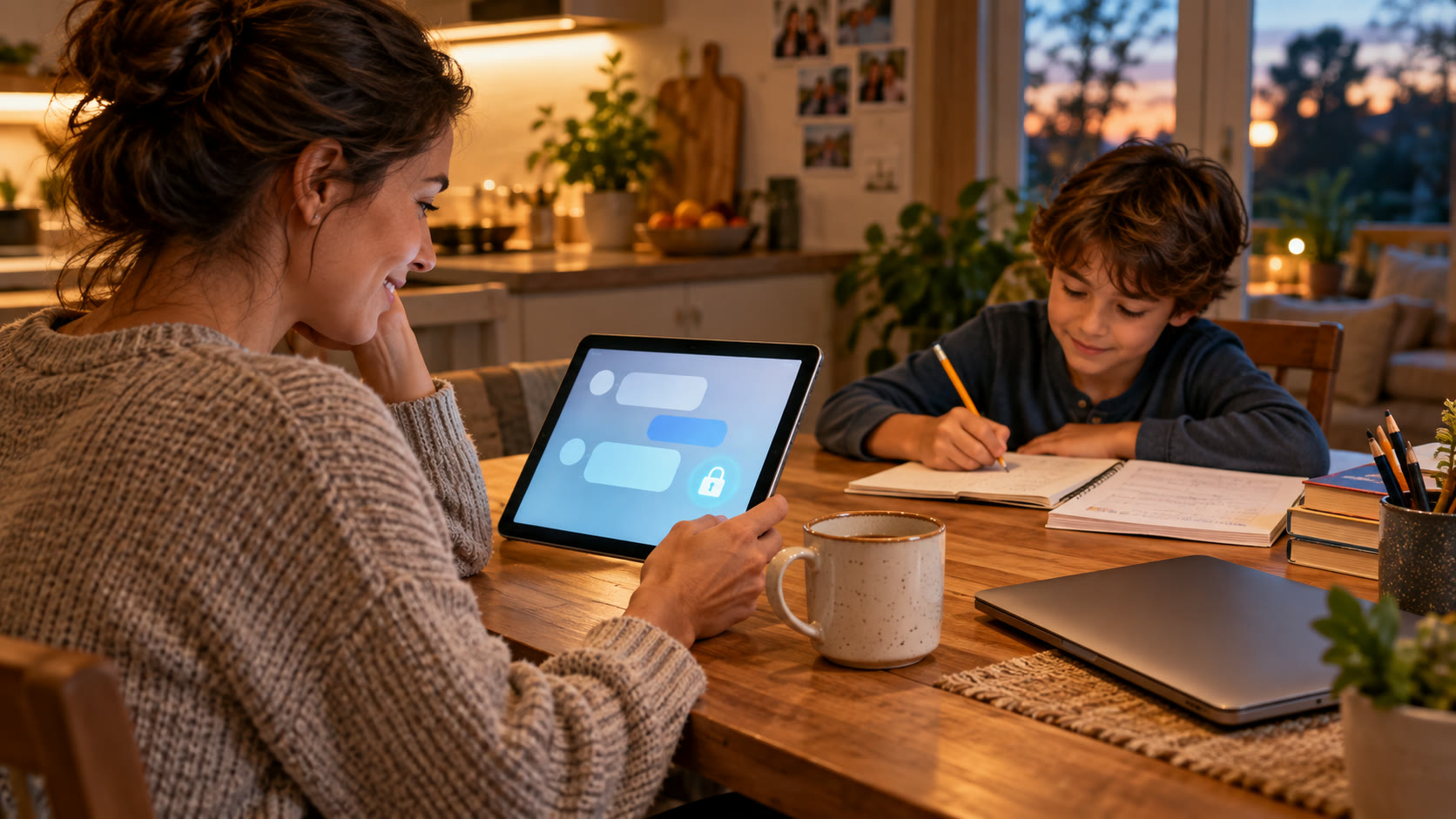Parent entrepreneur at a kitchen table holding a tablet with a small padlock icon on screen while a child does homework nearby, showing how to keep business AI chats private on a shared family device