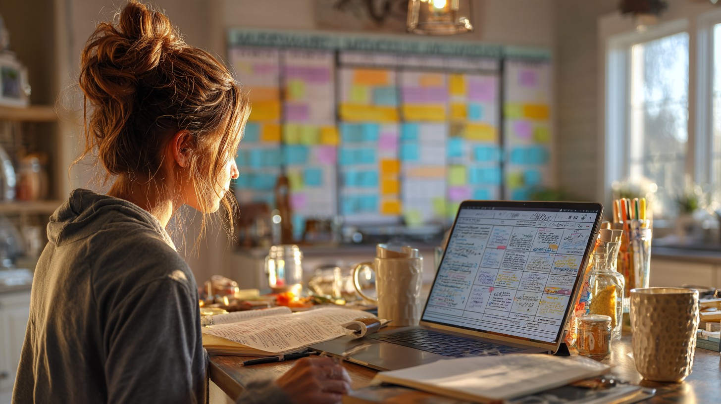Small business owner building an AI weekly meal planner at a kitchen table with a family calendar visible in the background.