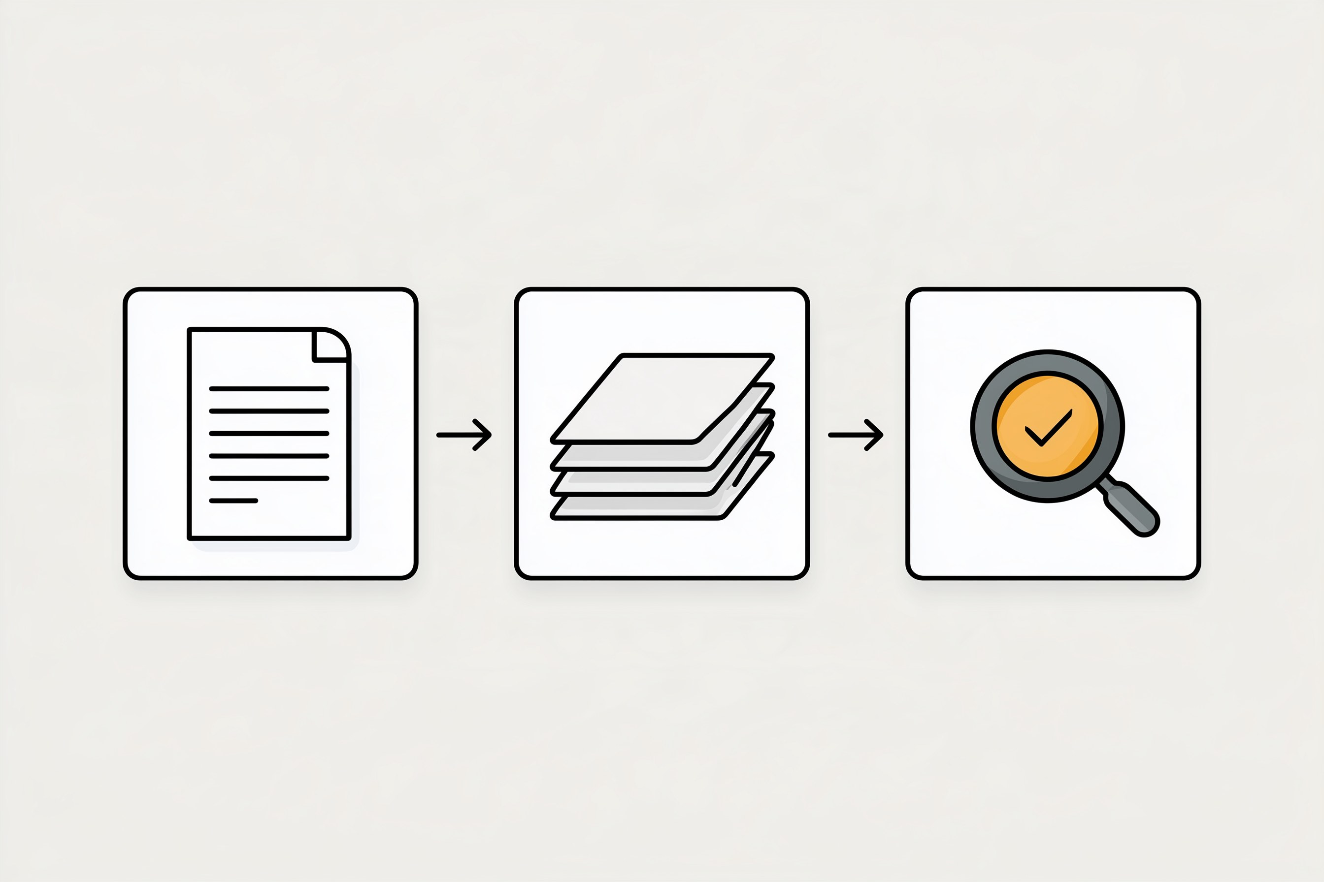 Simple three-step graphic showing a one-page story, AI building the slides, and a final inspection check before a presentation ships
