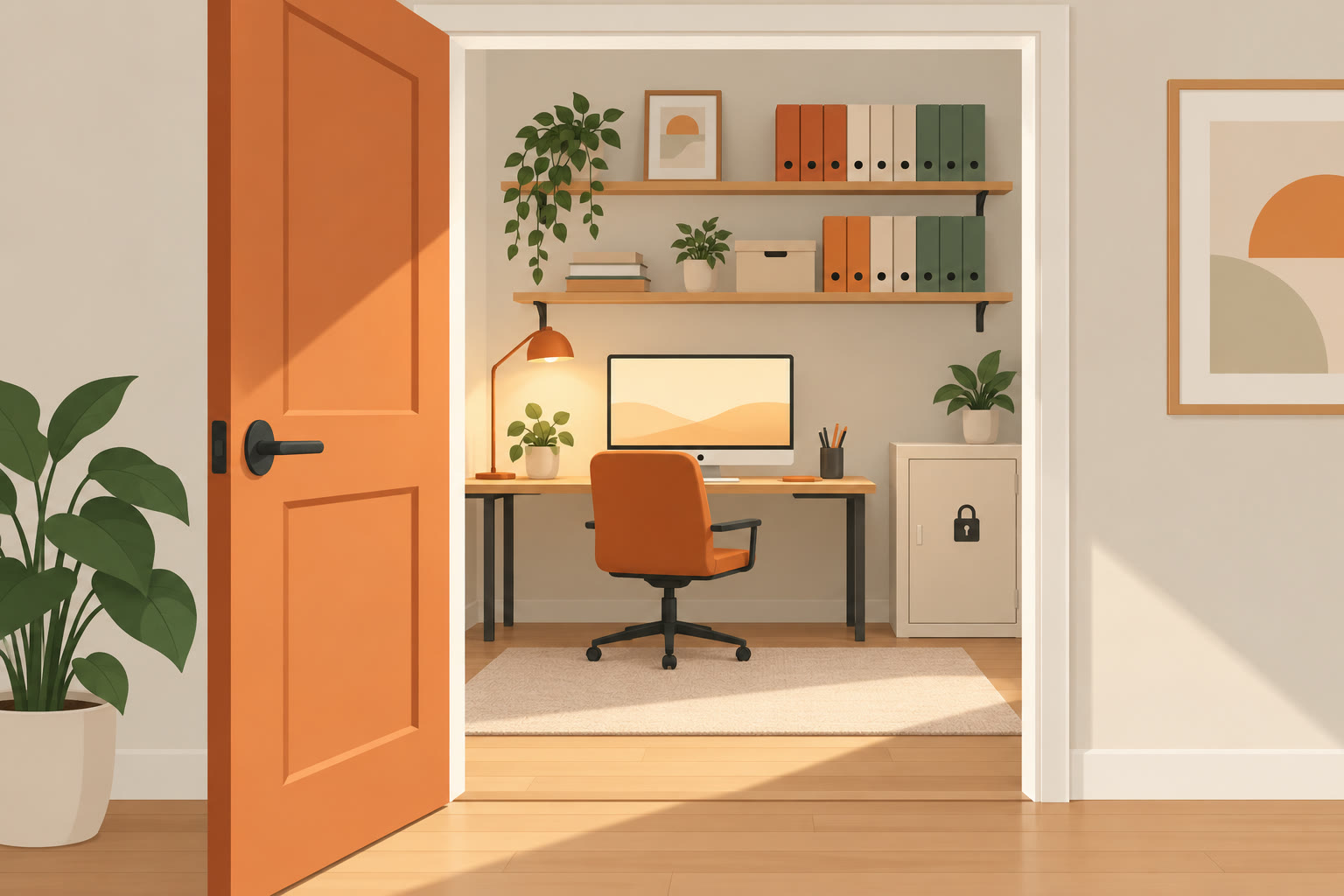 Simple illustration of a front door opening into a tidy room with labeled folders, showing why a Gemini business hub works best when business records are organized first
