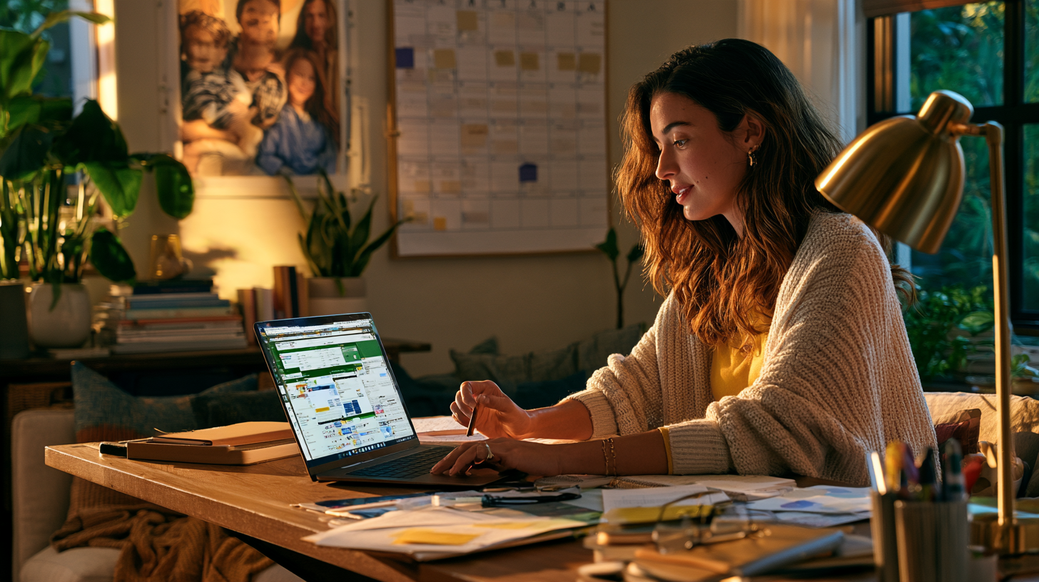 Parent entrepreneur planning the week using AI tools on a laptop with a family calendar visible in the background