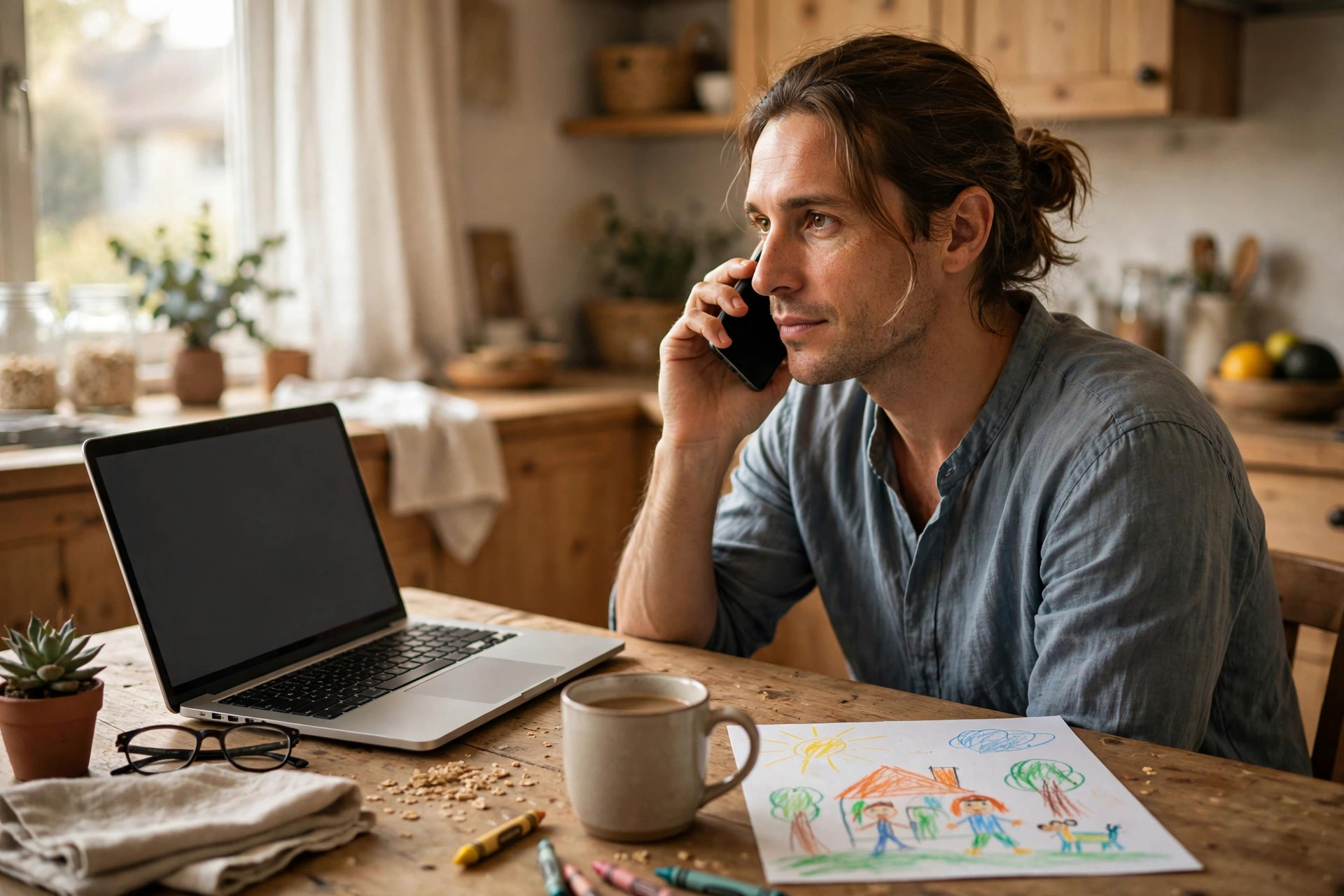 Small business owner at a home kitchen table pausing to verify a payment request on a phone before approving it on a laptop, a simple way to protect a small business from AI scams