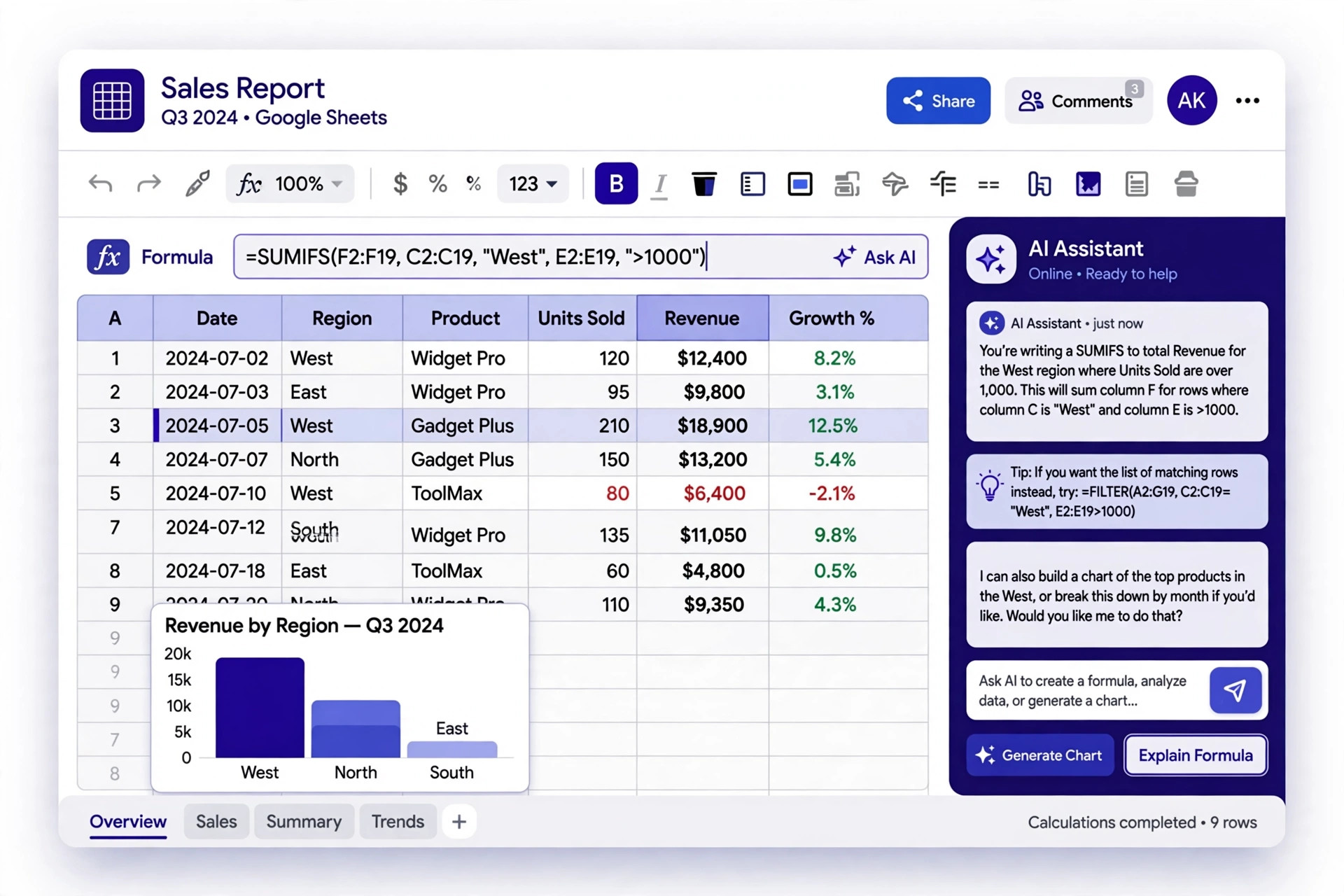 Claude AI writing a spreadsheet formula directly in Google Sheets