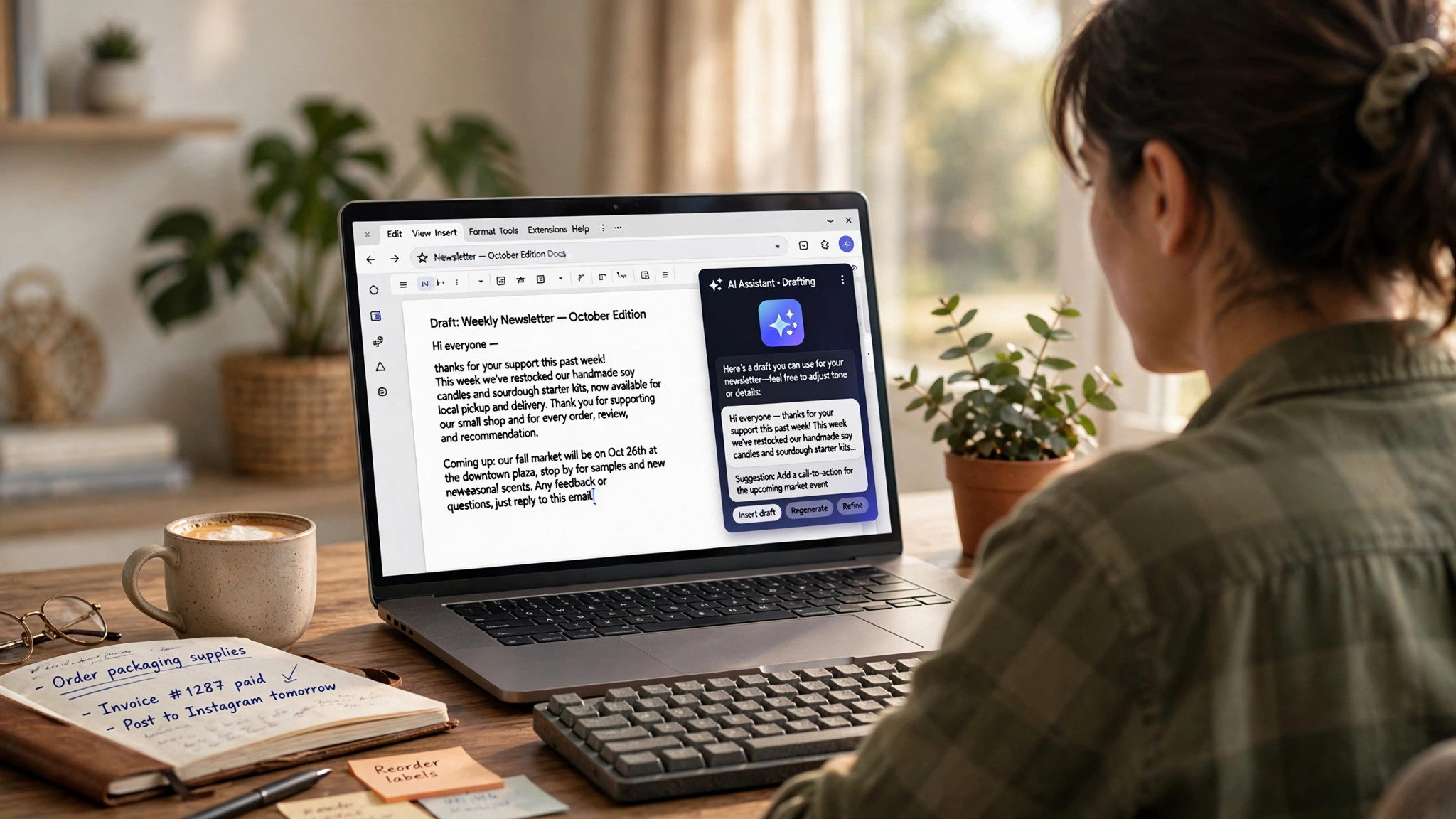 Claude AI sidebar open inside Google Docs for small business owner