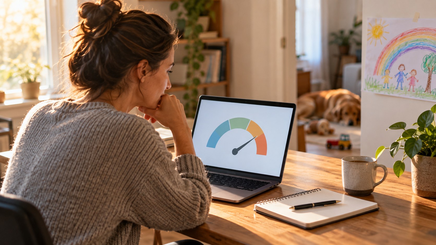 Small business owner at a home office desk checking an AI usage billing meter on a laptop with a notebook of monthly spending limits beside it