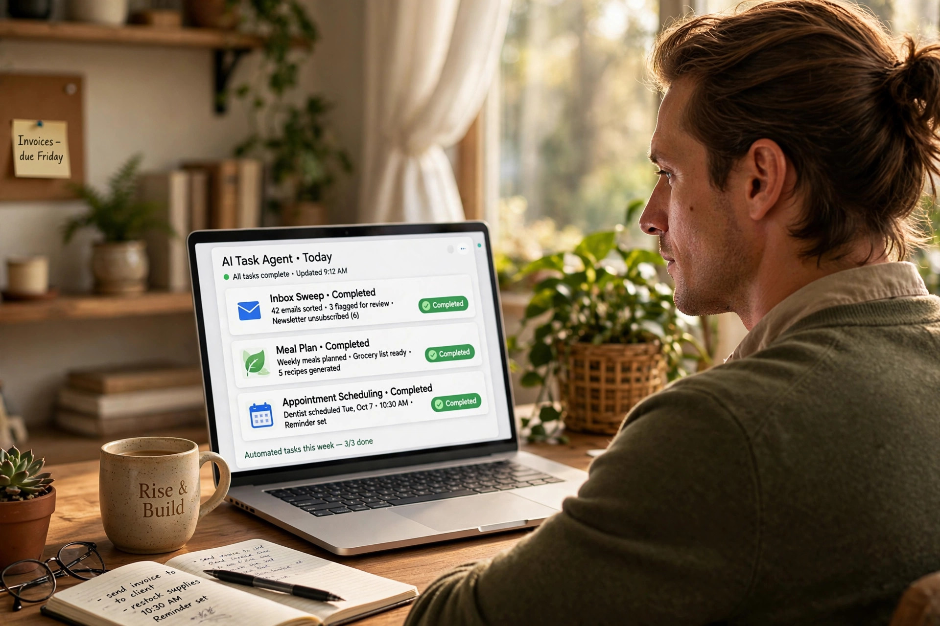 Small business owner reviewing AI agent task automation dashboard on laptop at desk