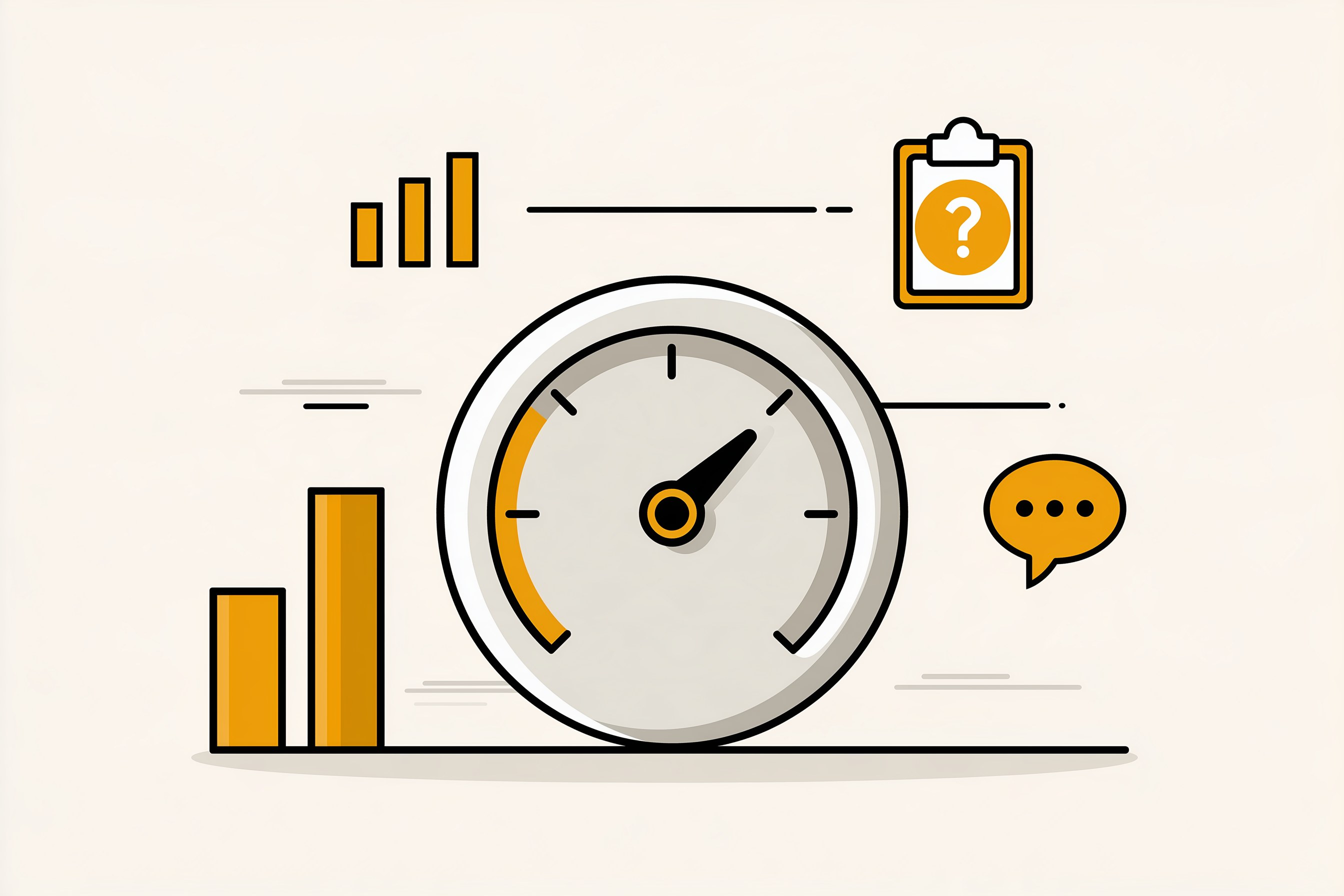 Simple graphic of a gauge with three signals around it, analytics, customer survey, and monthly AI prompt check, showing how to track AI search traffic